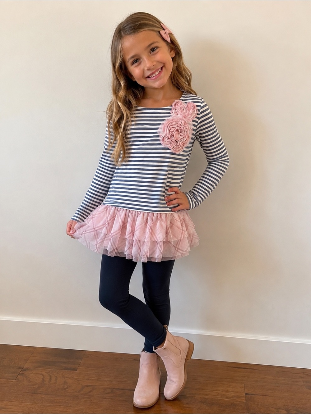 Girls Boutique Striped Ruffle Top with Pink Rosettes